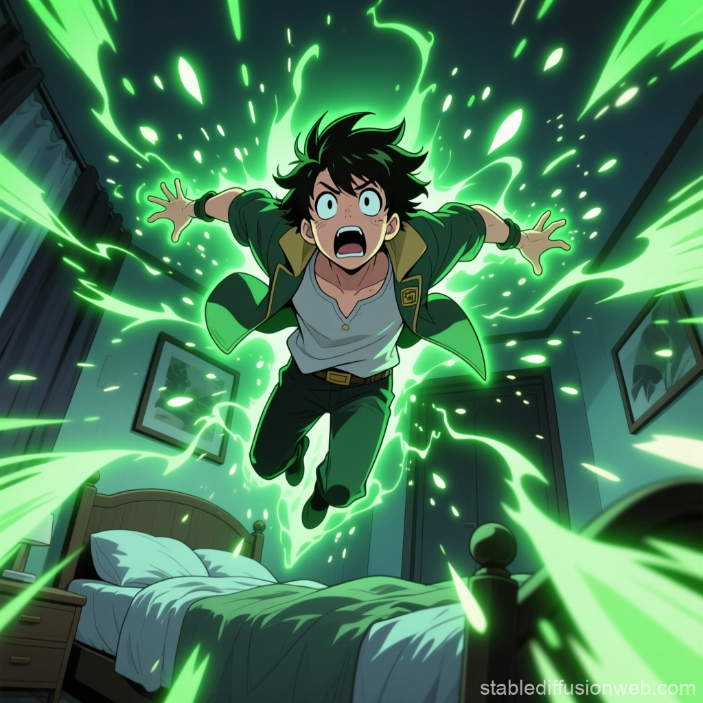 Anime Character Surrounded by Green Energy in Bedroom