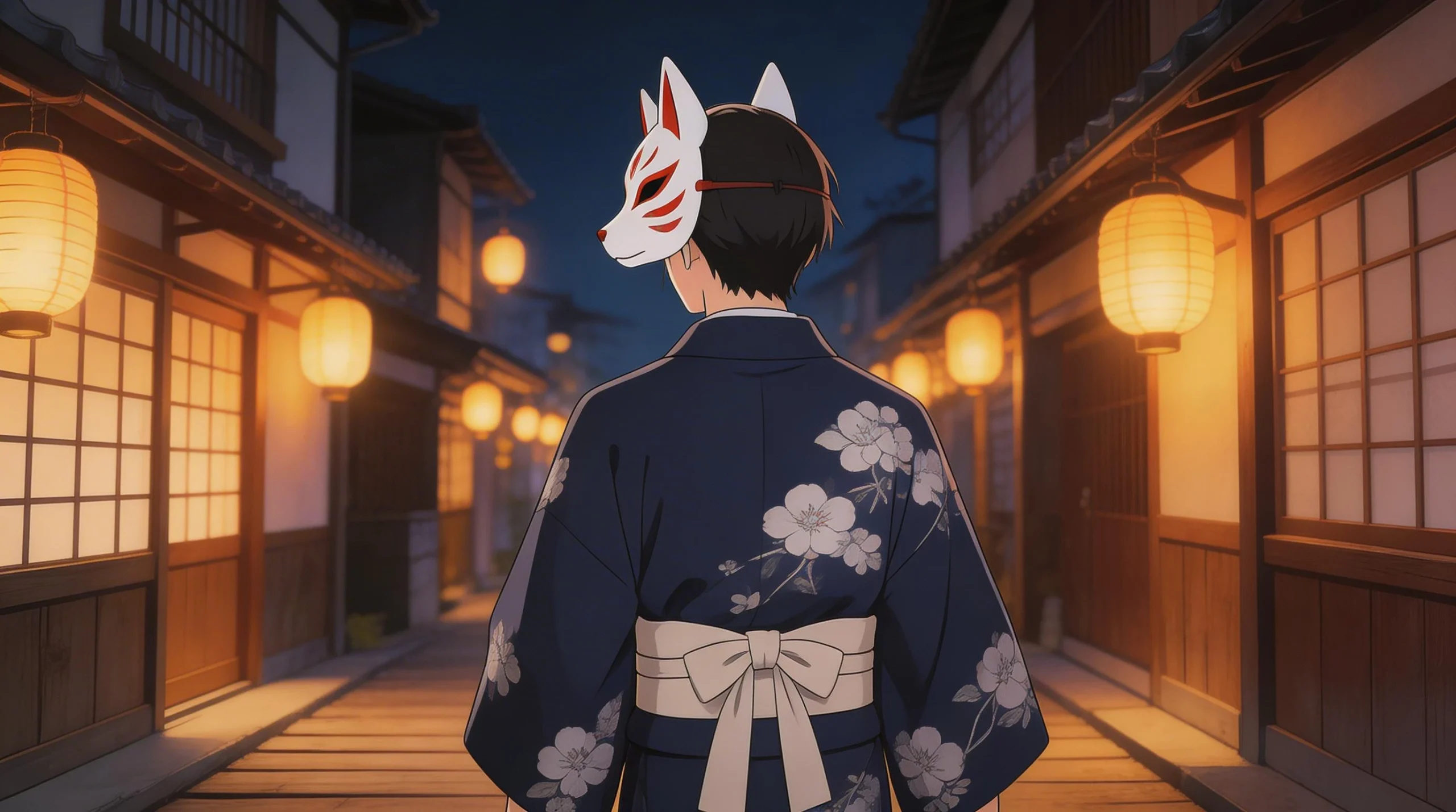 Anime Character Wearing Fox Mask in Traditional Japanese Street
