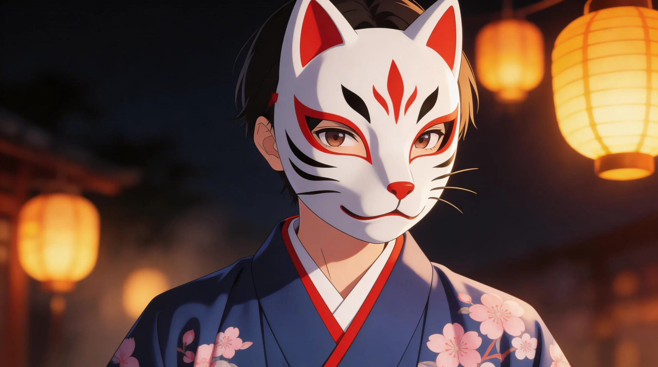 Anime Character Wearing Traditional Kitsune Fox Mask