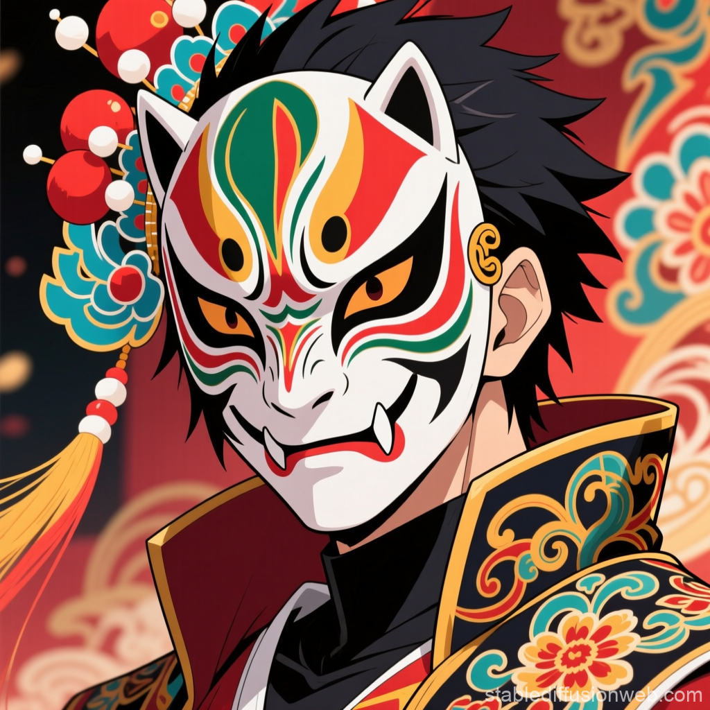 Anime Character Wearing Traditional Peking Opera Mask