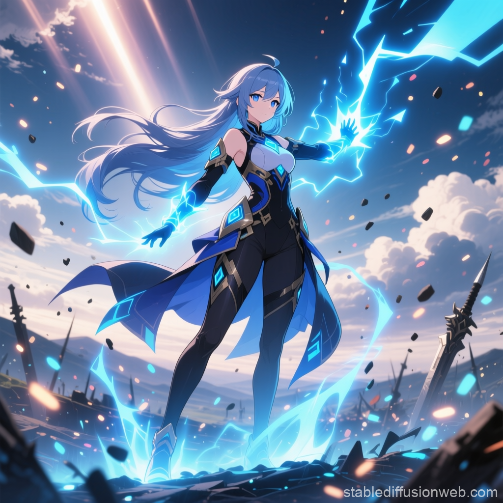 Anime Character Wielding Blue Lightning Powers