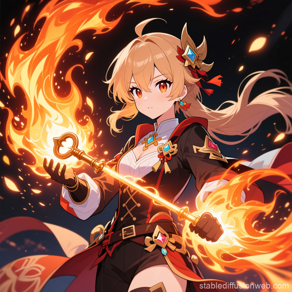 Anime Character Wielding Magical Fire Staff