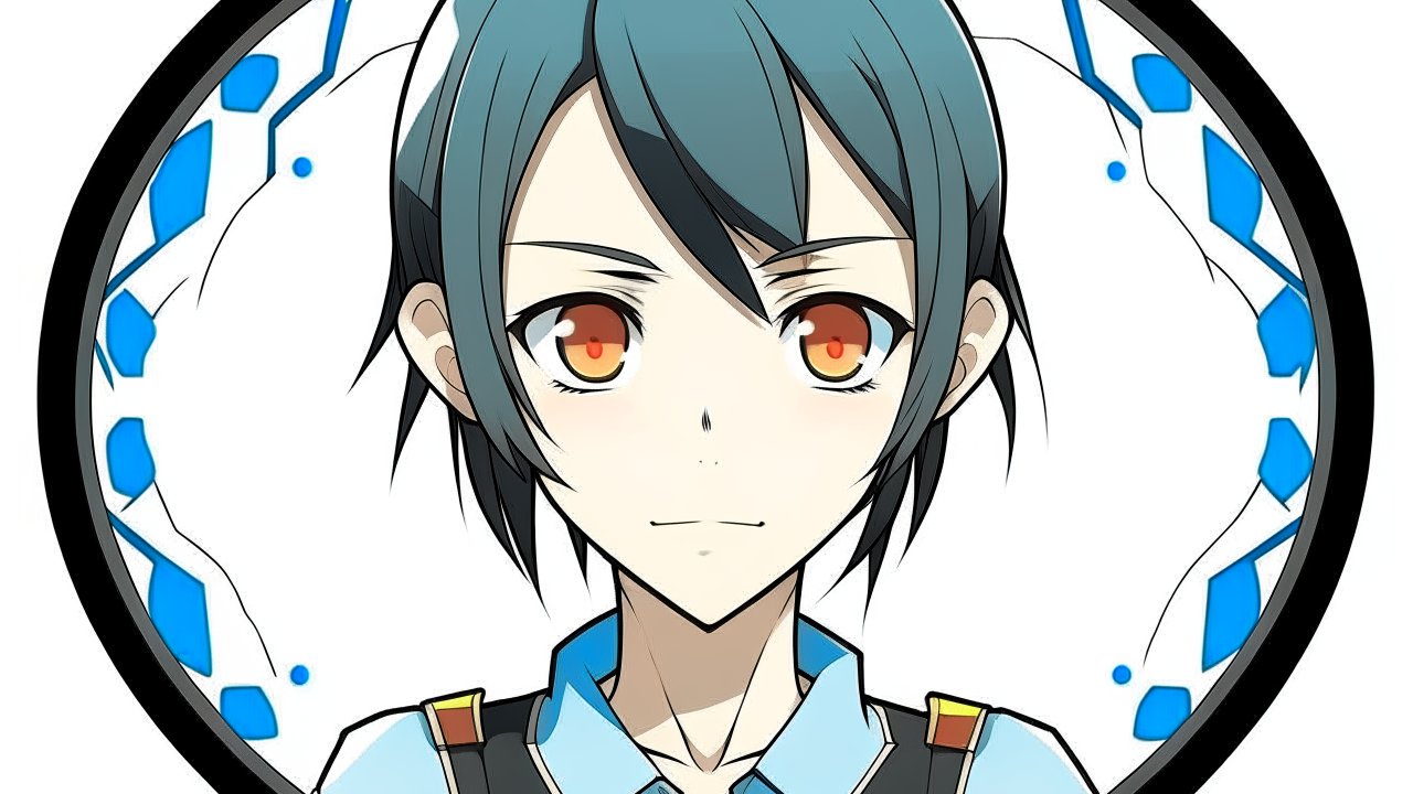 Anime Character with Blue Hair and Fiery Eyes