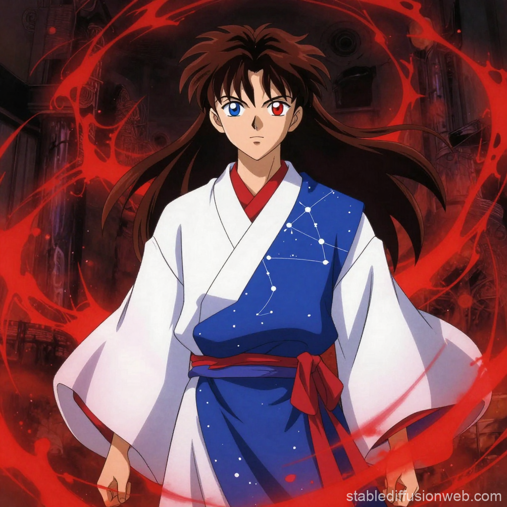 Anime Character with Heterochromia in Traditional Robe Surrounded by Red Aura