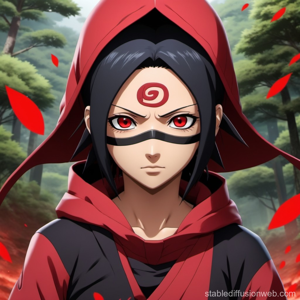 Anime Character with Red Eyes and Hood in Forest