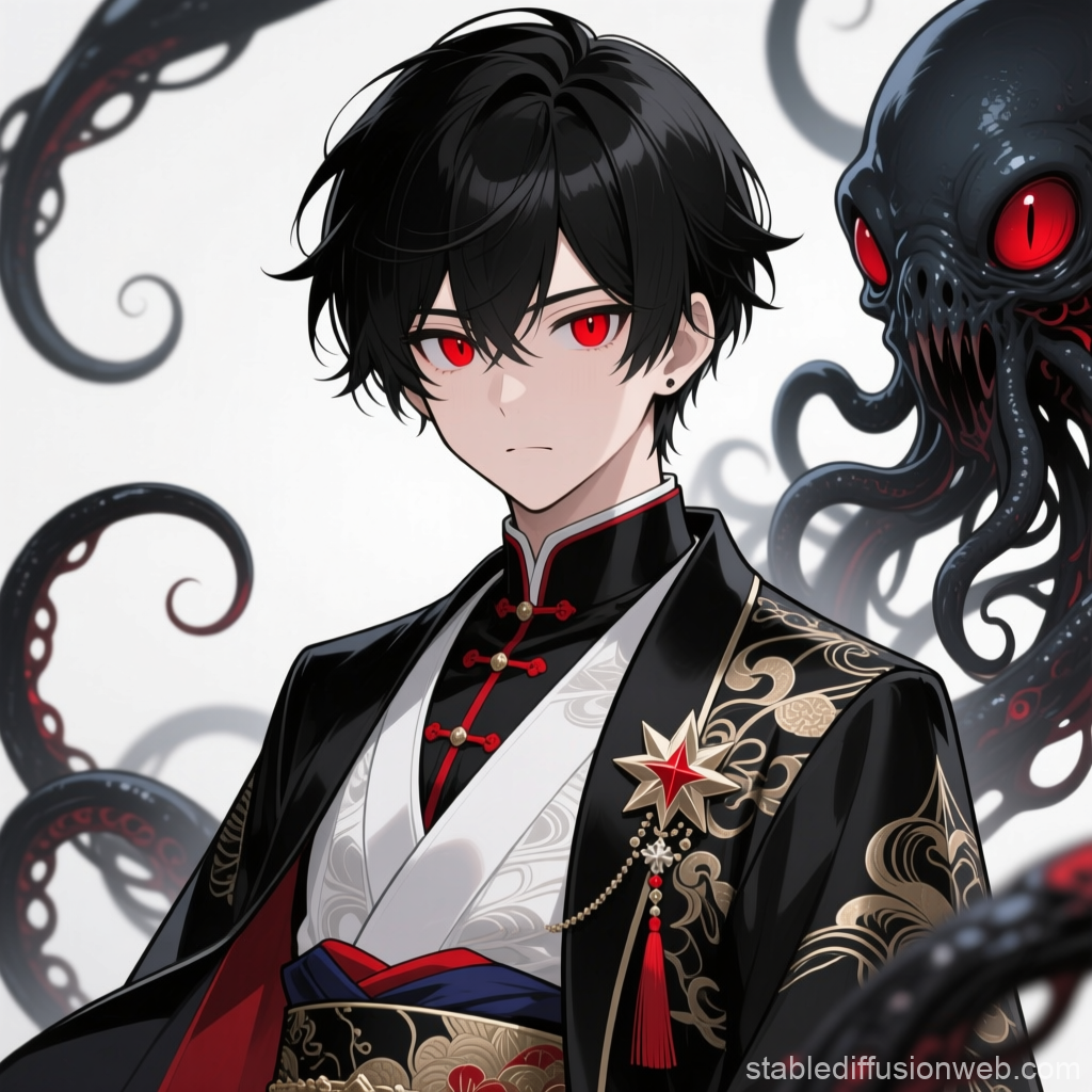Anime Character with Red Eyes and Tentacled Creature
