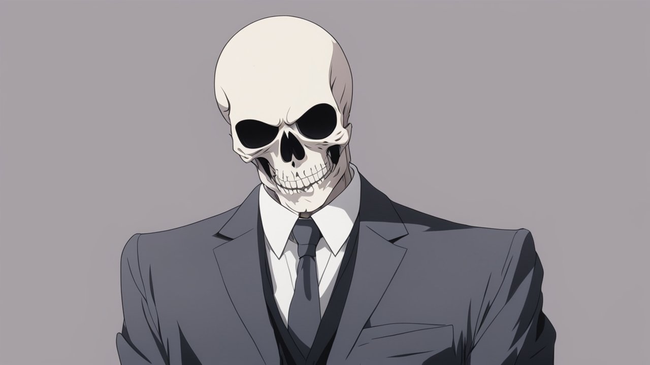 Anime Character with Skull Head in Formal Suit