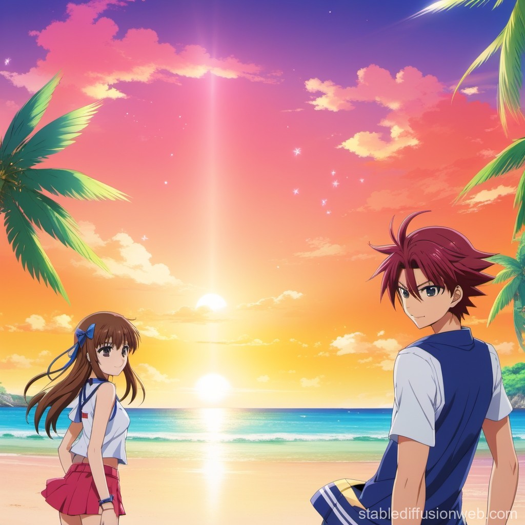 Anime Couple at Sunset Beach