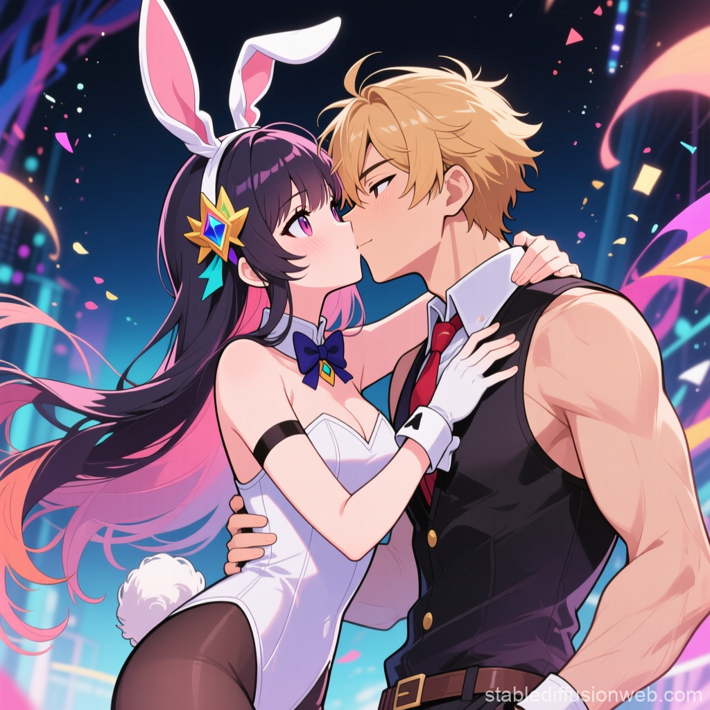 Anime Couple Sharing a Romantic Moment in Vibrant Night Scene