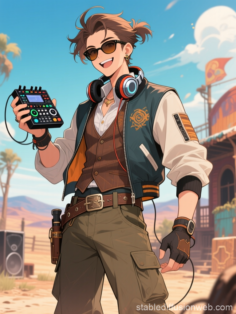 Anime DJ in Desert Setting with Modern Gear