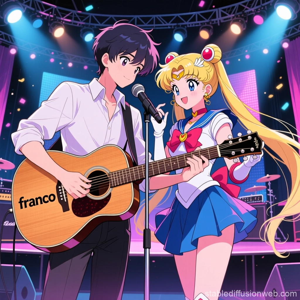 Anime Duo Performing on Stage with Guitar
