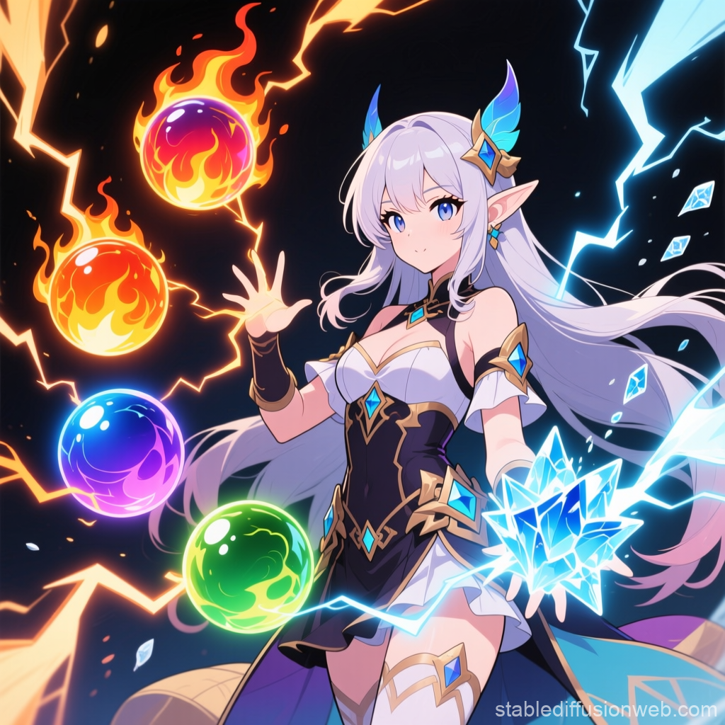Anime Elf Sorceress with Elemental Spirit Orbs