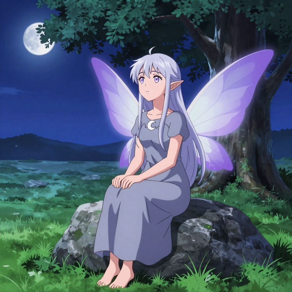 Anime Fairy with Purple Wings Sitting on Rock at Night
