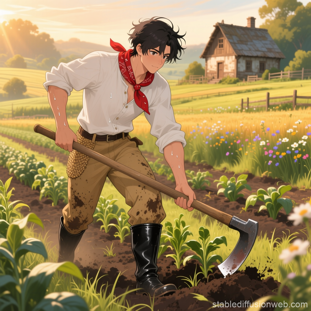 Anime Farmer Working in a Sunny Field
