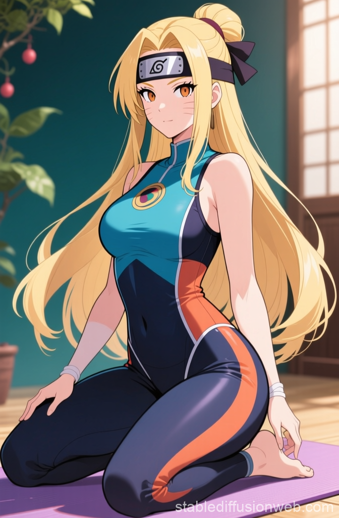 Anime Female Character in Yoga Outfit Kneeling Indoors