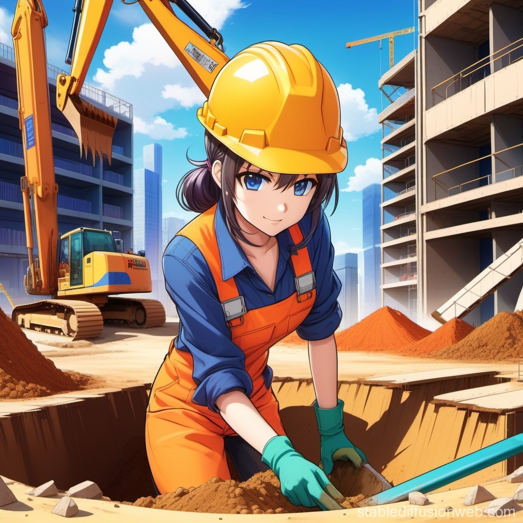 Anime Female Construction Worker at Urban Site
