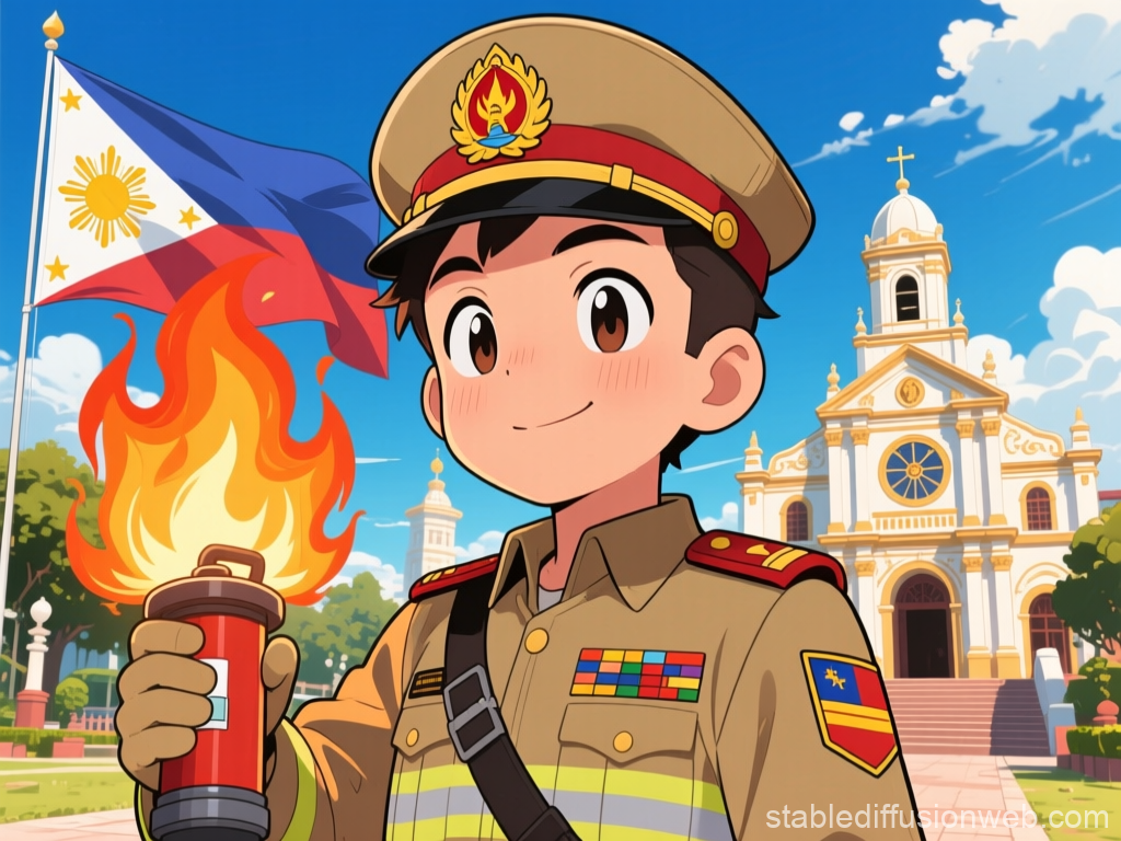 Anime Firefighter with Philippine Flag and Church Background
