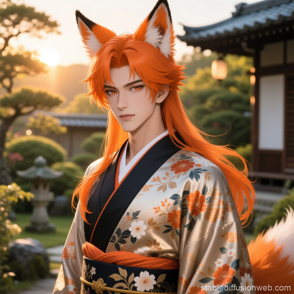 Anime Fox Spirit in Elegant Floral Kimono at Sunset