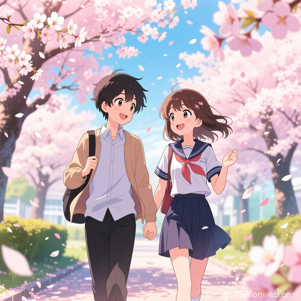 Anime Friends Walking Under Cherry Blossoms