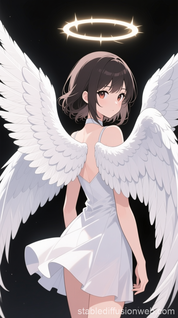 Anime Girl Angel with Glowing Halo and White Wings