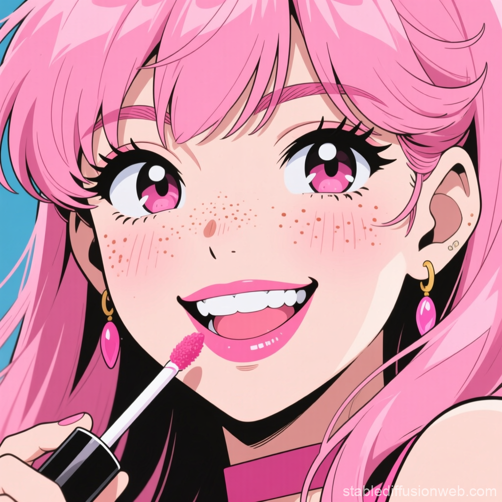 Anime Girl Applying Pink Lip Gloss