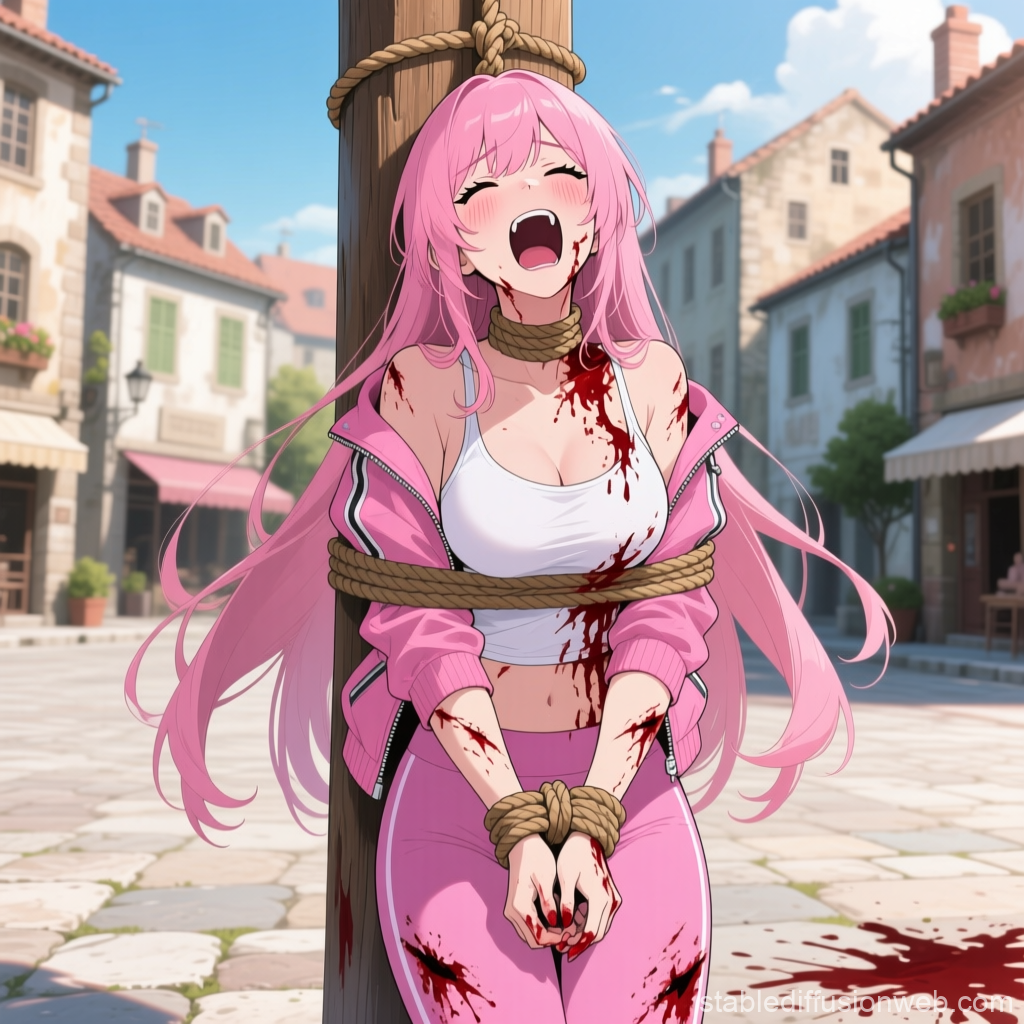 Anime Girl Bound and Injured in Village Square