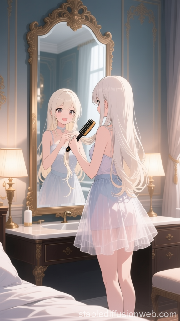 Anime Girl Brushing Hair in Elegant Baroque Bedroom