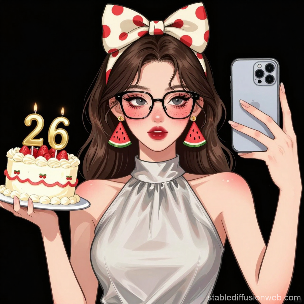 Anime Girl Celebrating 26th Birthday with Cake and Selfie
