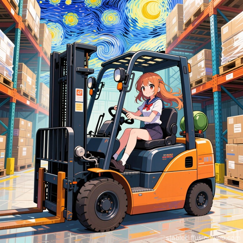 Anime Girl Driving Forklift in Warehouse with Starry Night Sky
