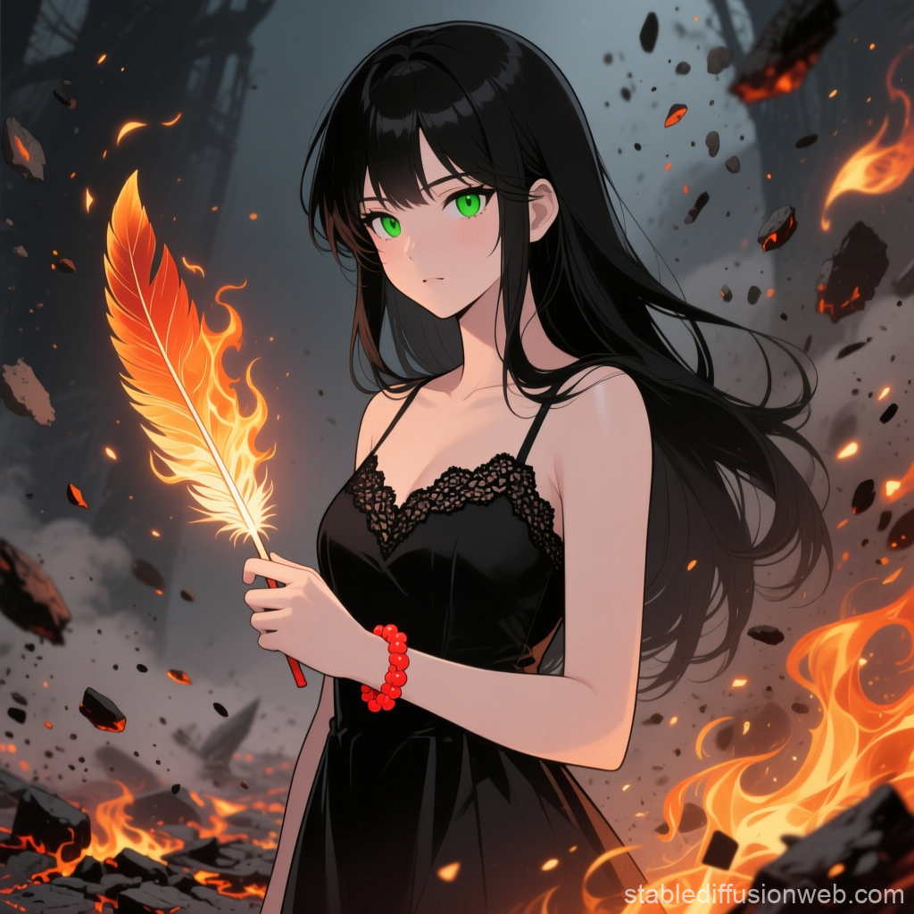 Anime Girl Holding a Flaming Phoenix Feather
