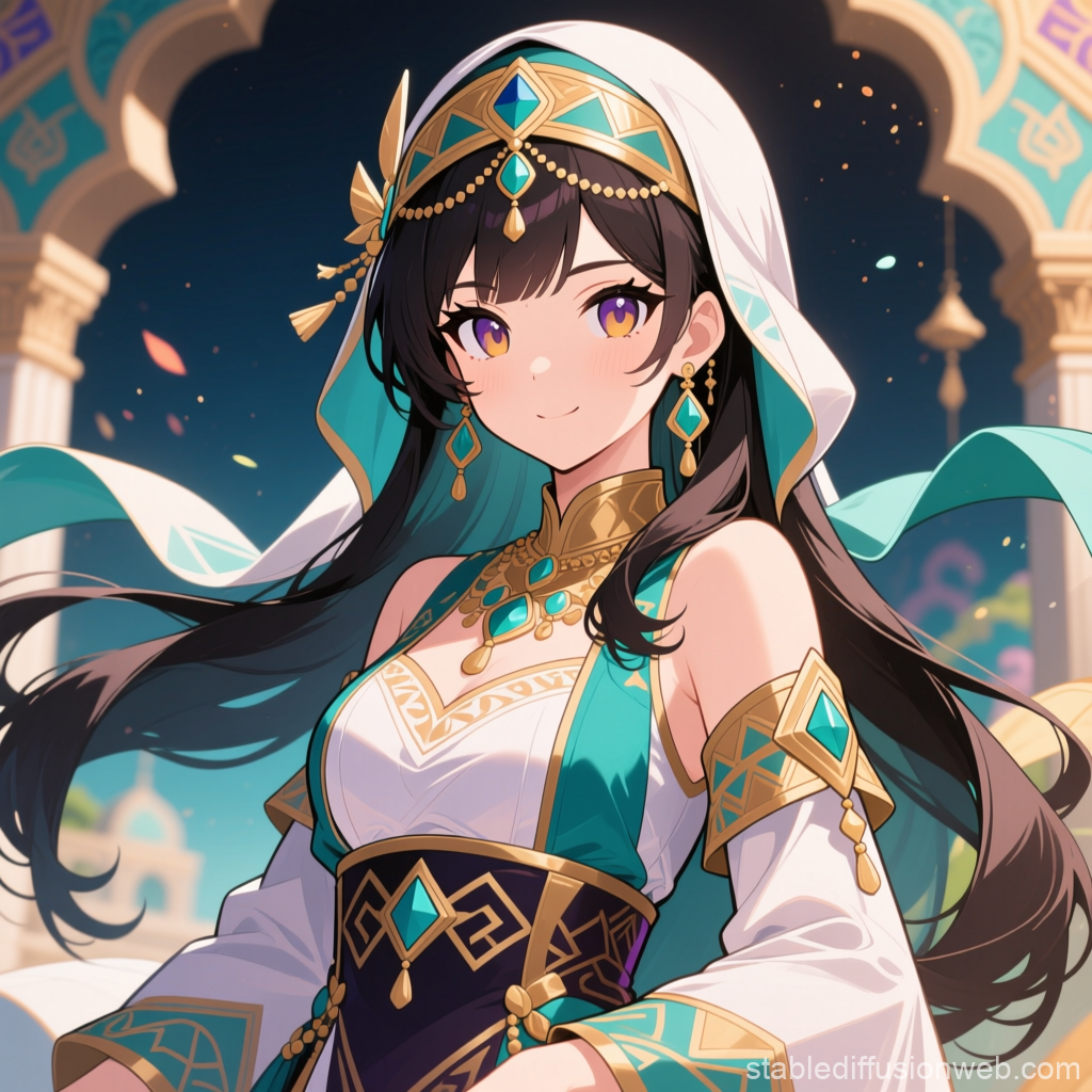 Anime Girl in Elegant Arabic Attire with Jewel Accents