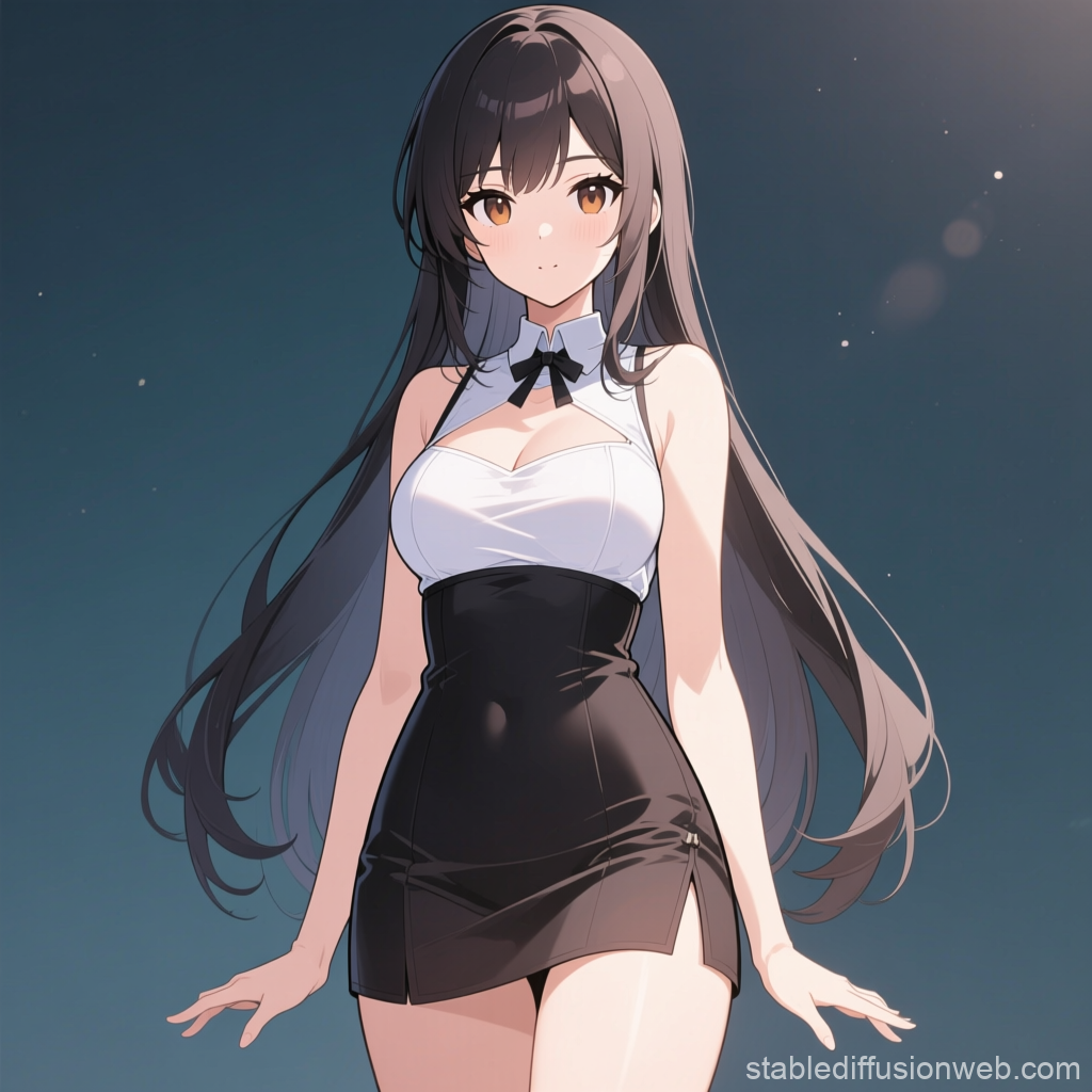 Anime Girl in Elegant Black and White Dress