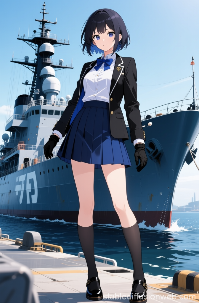 Anime Girl in Formal Navy Outfit by a Warship