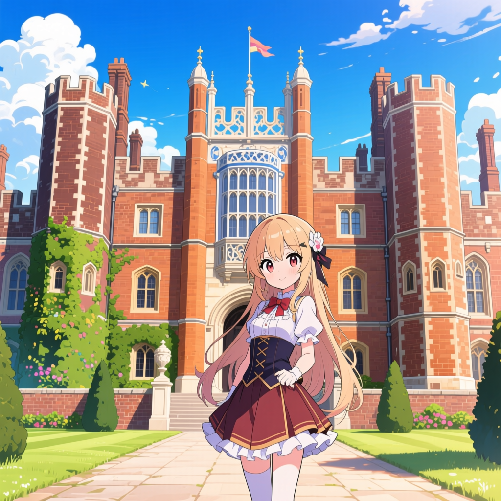 Anime Girl in Front of Hampton Court Palace