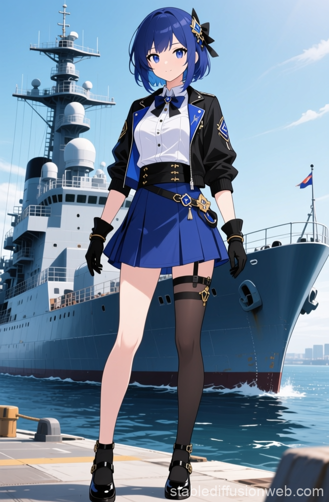 Anime Girl in Navy Outfit Standing by Warship