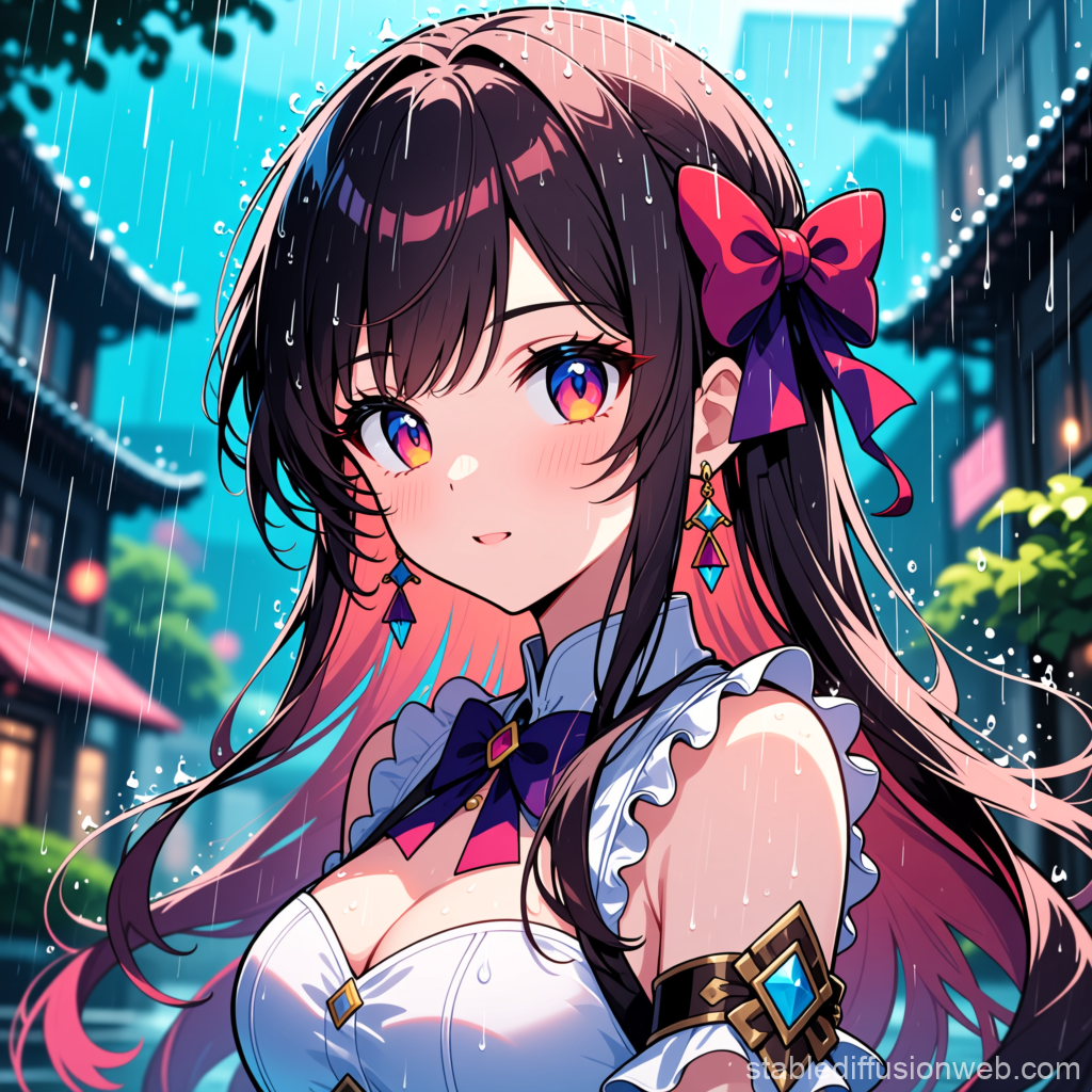 Anime Girl in Rain with Vibrant Eyes and Ribbon