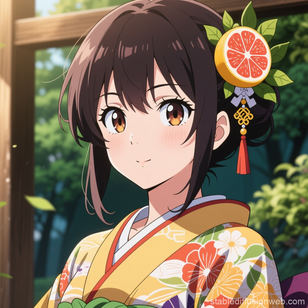 Anime Girl in Traditional Kimono with Citrus Hair Ornament