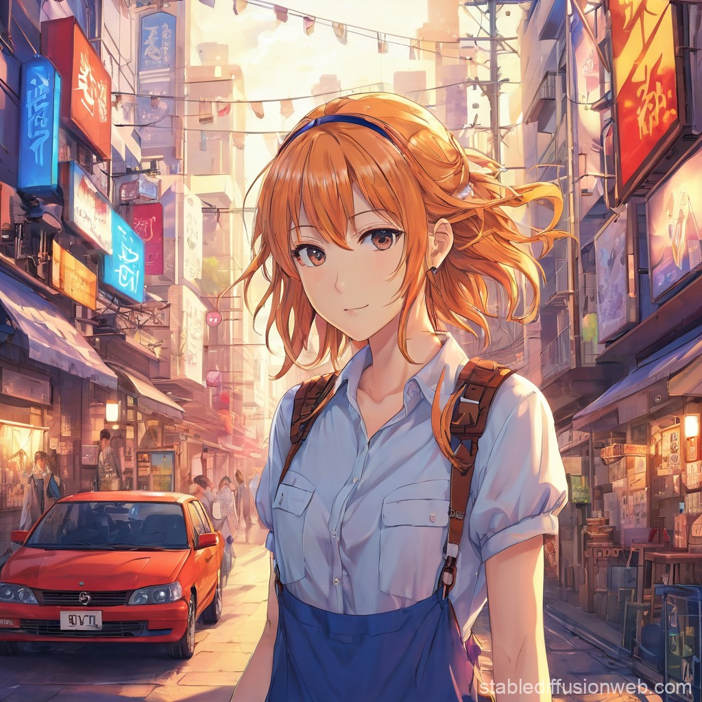 Anime Girl in Vibrant Urban Street Scene
