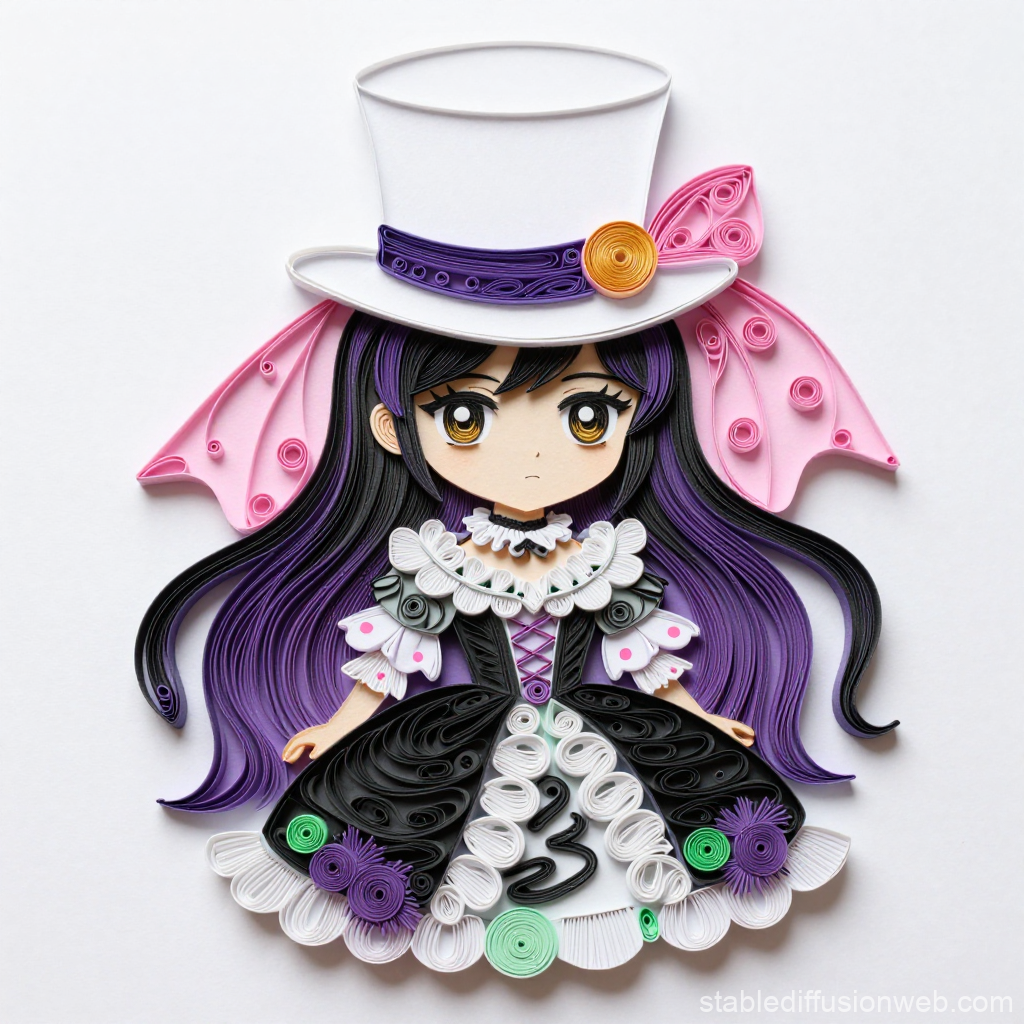 Anime Girl in White Top Hat with Purple Hair in Quilling Art