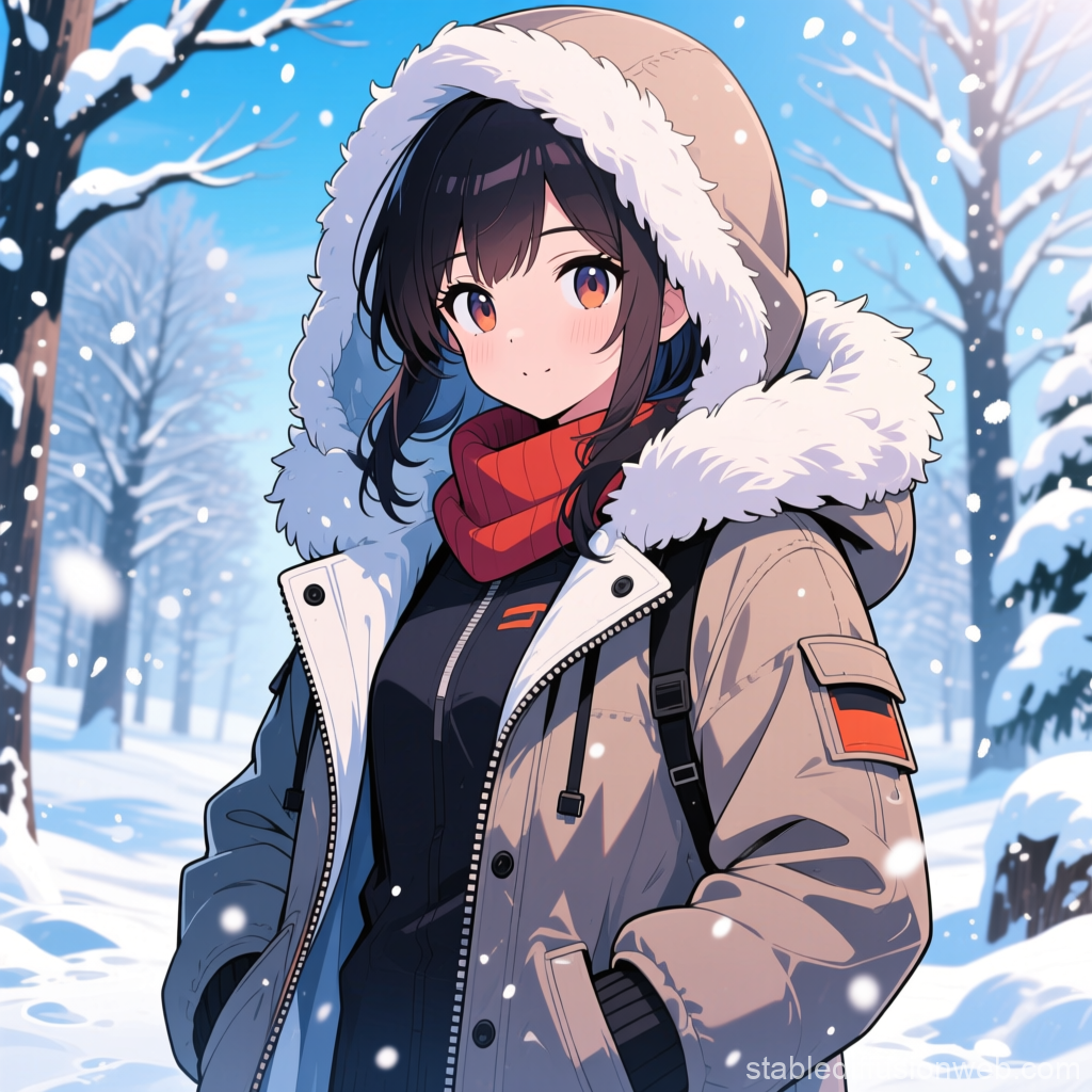 Anime Girl in Winter Coat with Snowy Forest Background