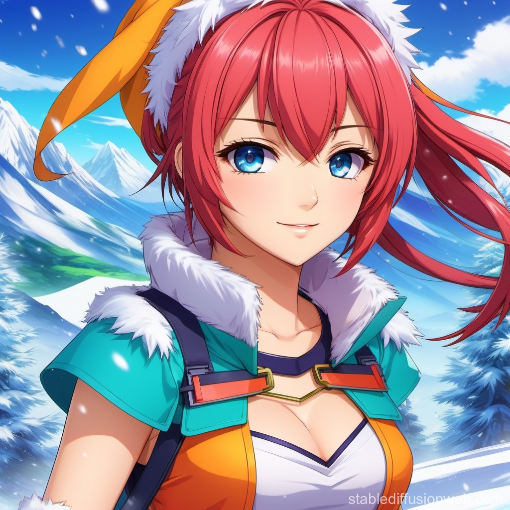 Anime Girl in Winter Outfit with Snowy Mountain Background