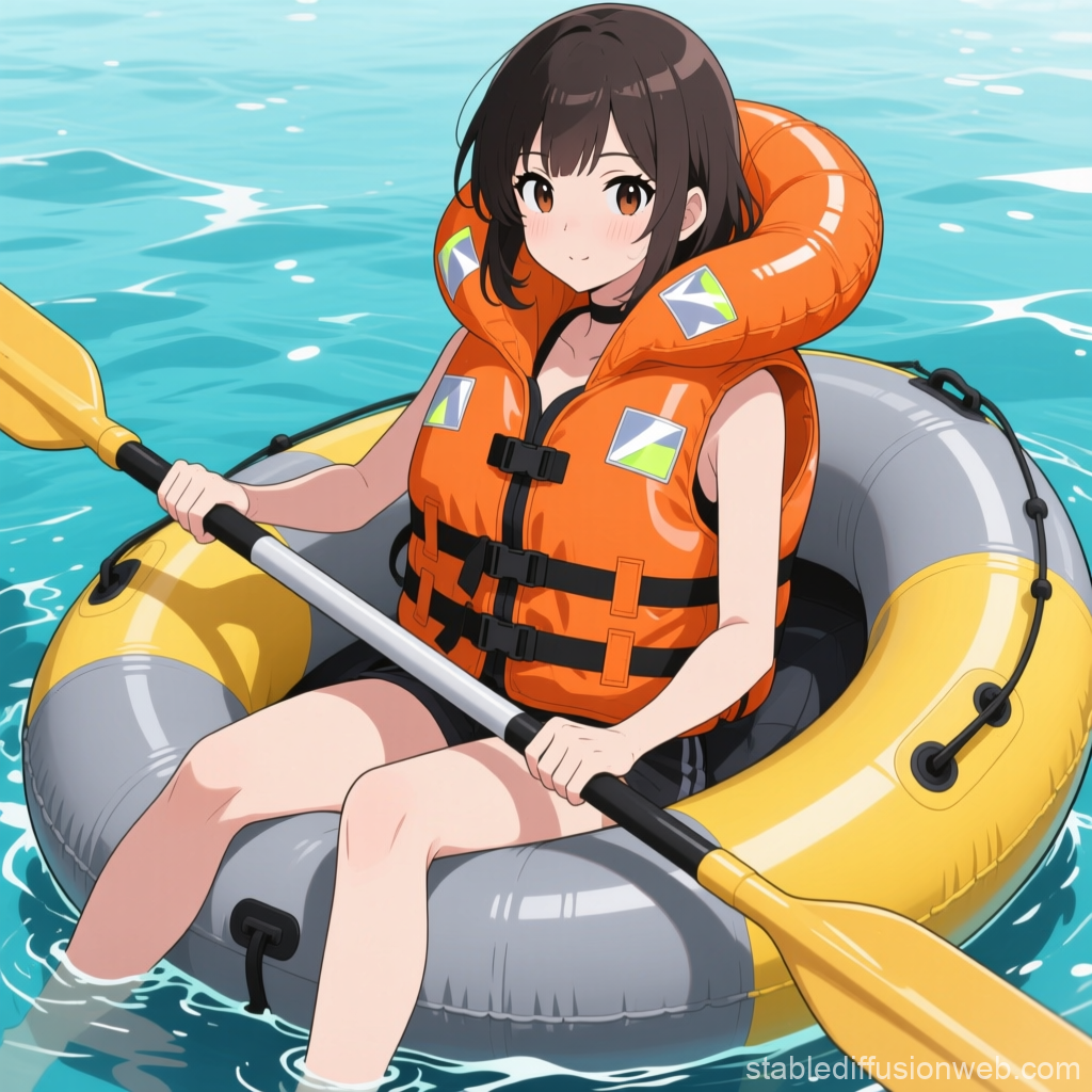 Anime Girl Kayaking with Orange Life Jacket