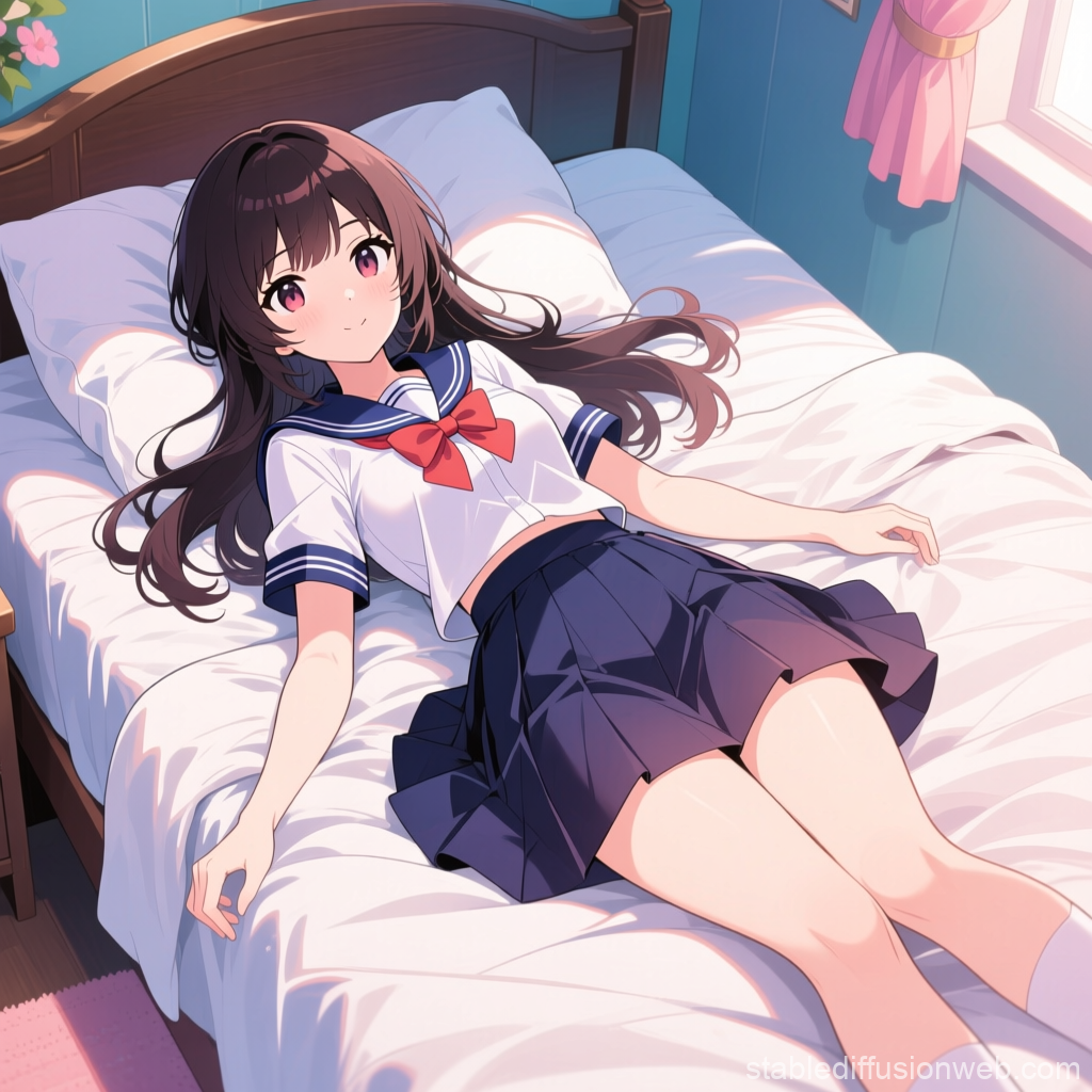 Anime Girl Lounging on Bed in School Uniform
