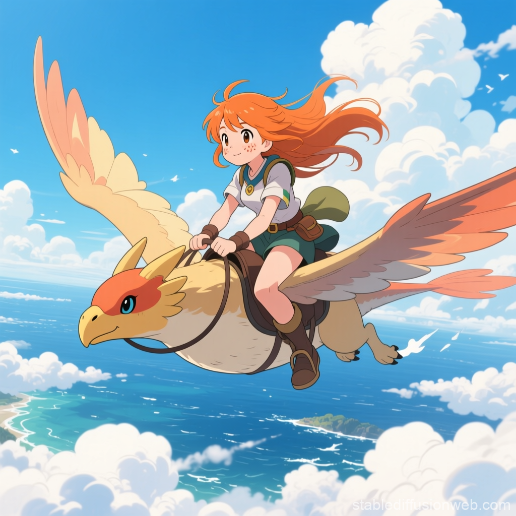 Anime Girl Riding a Large Bird Over the Ocean