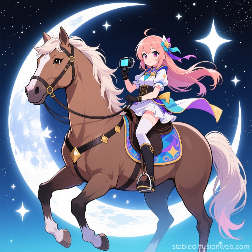 Anime Girl Riding Horse Under Crescent Moon