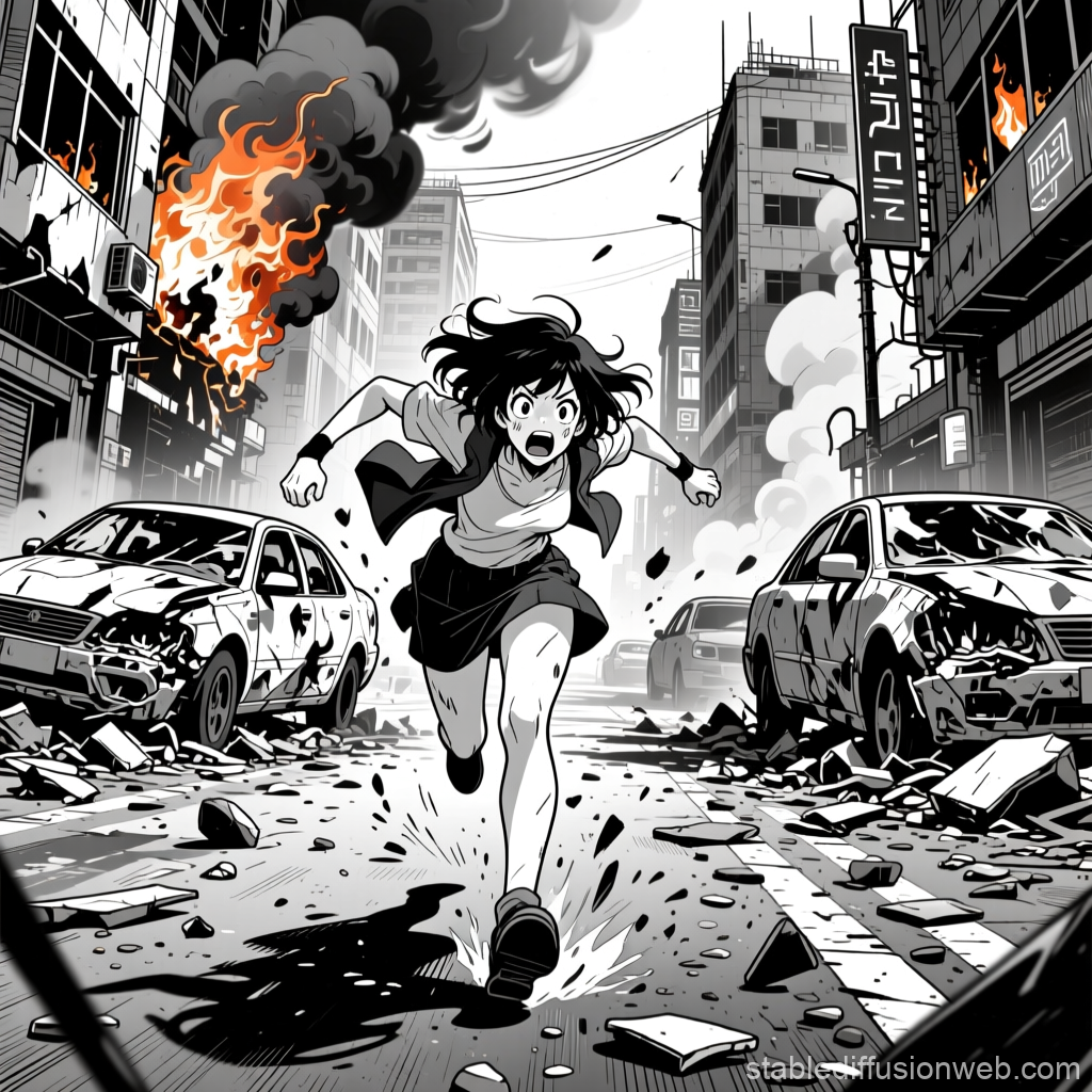 Anime Girl Running Through a Burning City Street