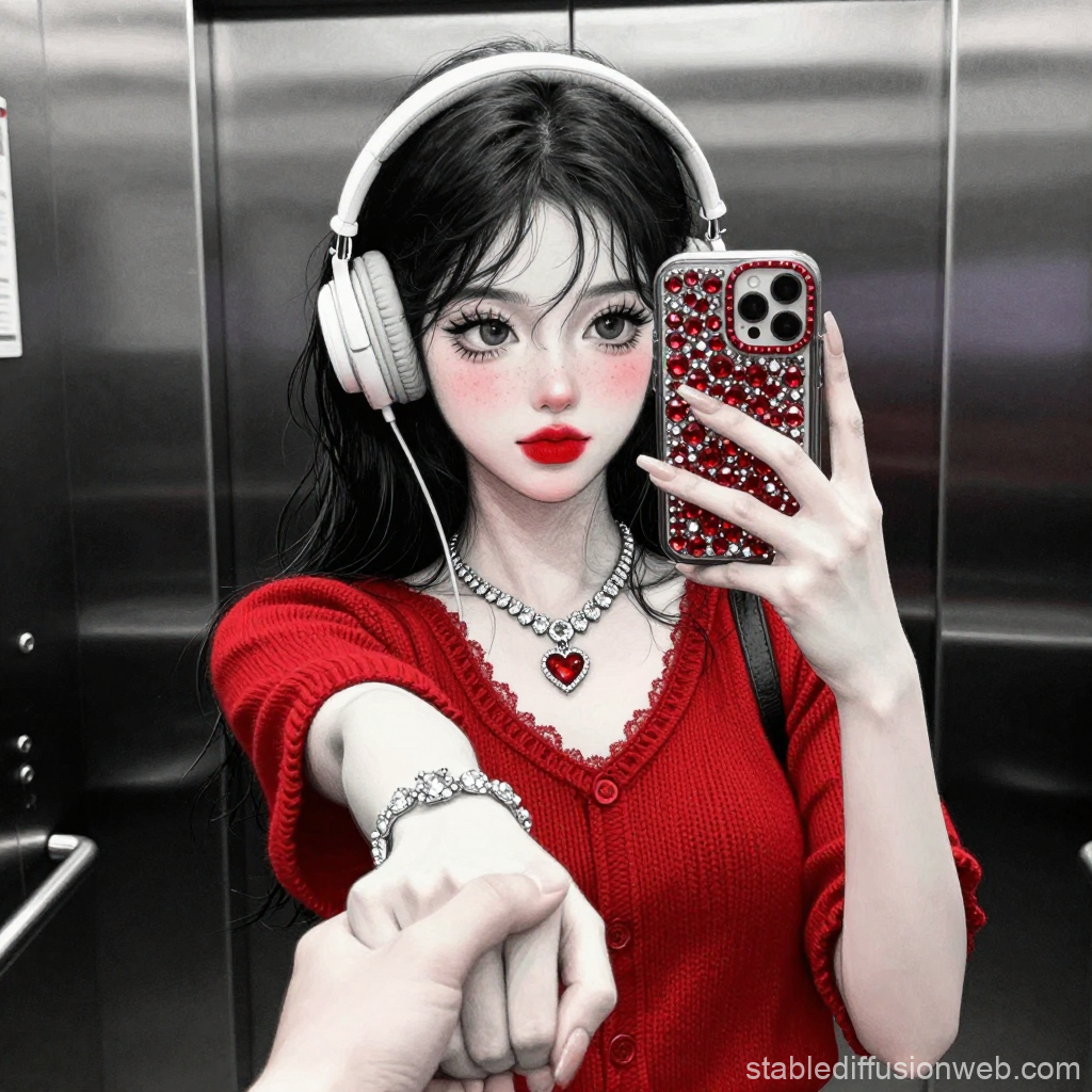 Anime Girl Taking Selfie in Elevator with Red Outfit