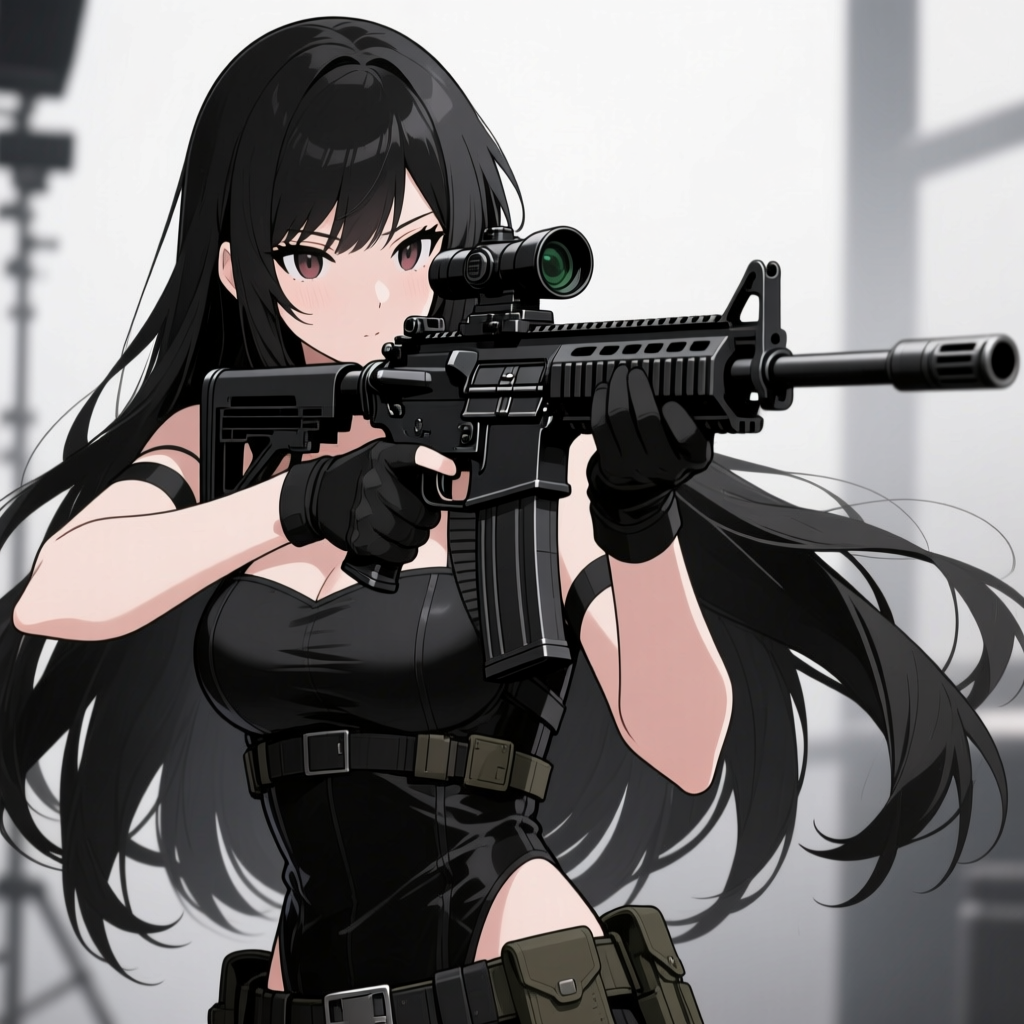 Anime Girl with Black Assault Rifle in Tactical Gear