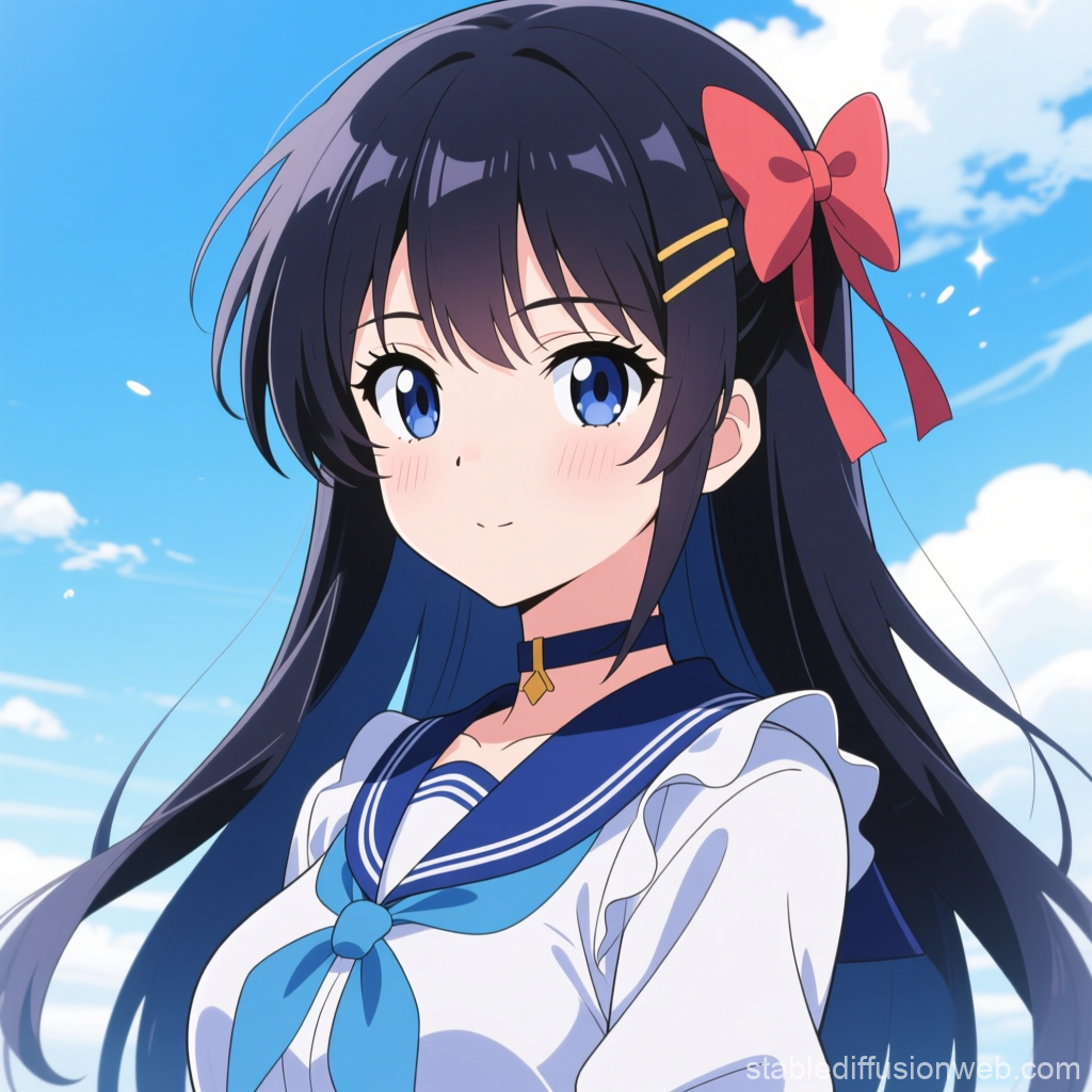 Anime Girl with Blue Eyes and Ribbon in Sailor Uniform