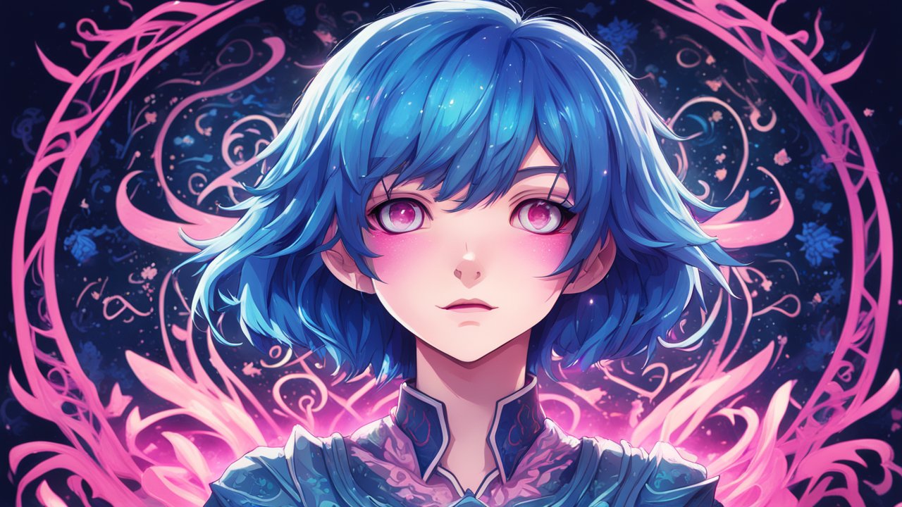 Anime Girl with Blue Hair and Magical Pink Aura